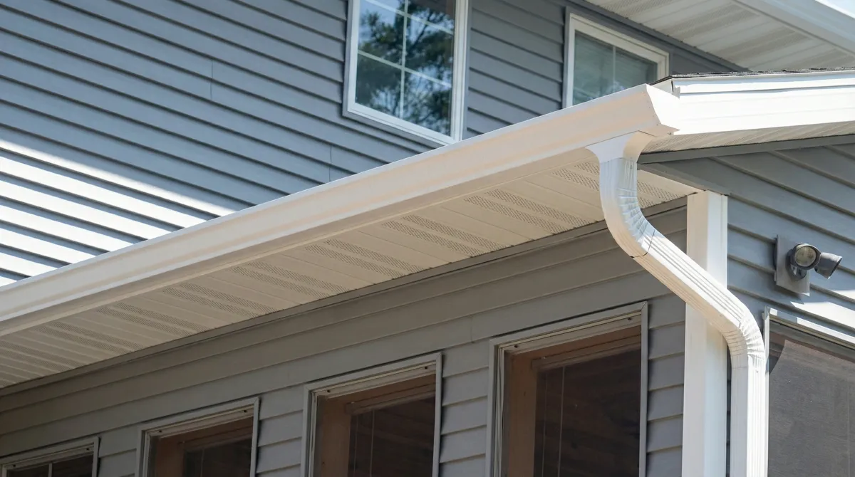 Professional home remodeling project showing newly installed white seamless gutters and downspouts on a house with gray siding in West Palm Beach, FL