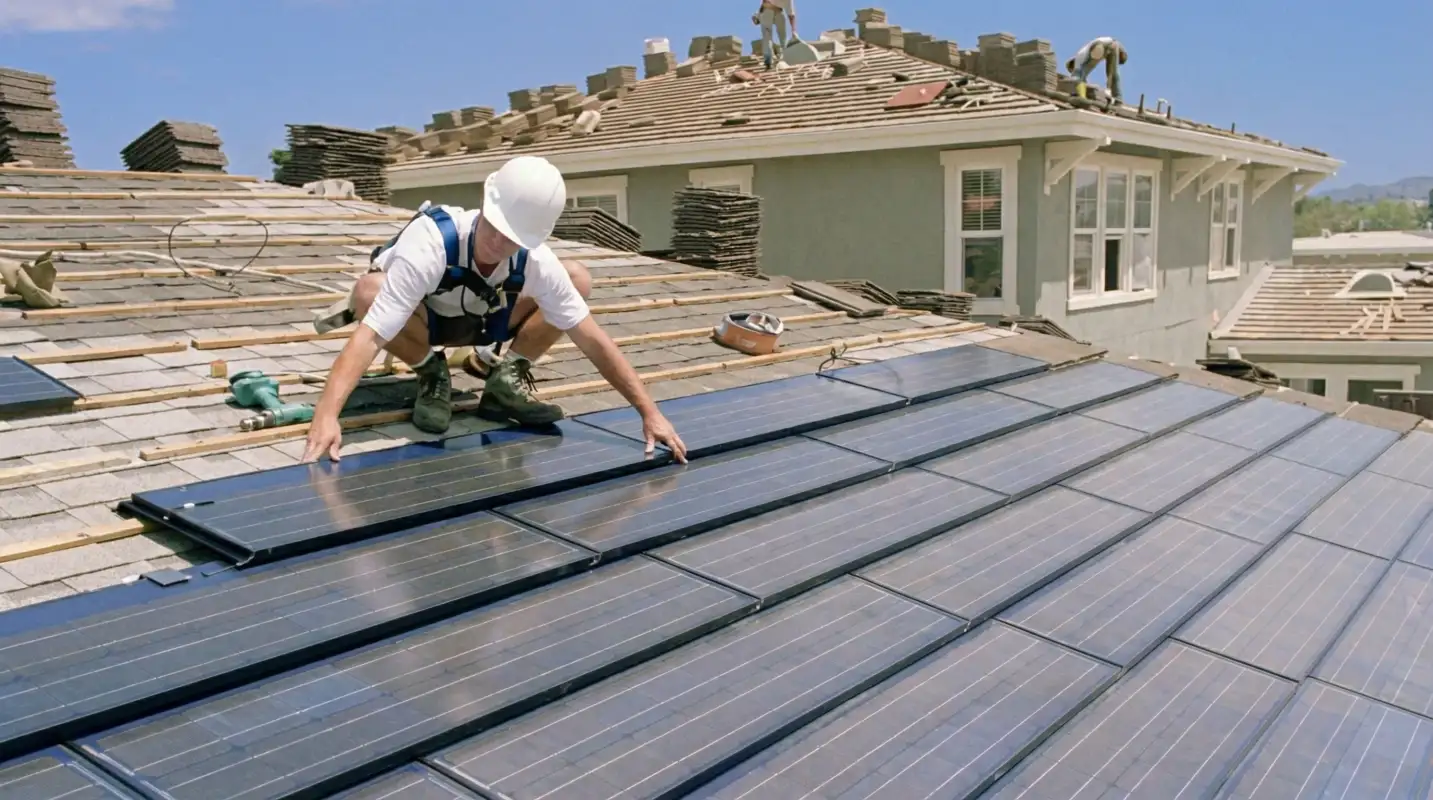 Roof replacement expert installing modern solar shingles on a residential home in West Palm Beach, FL