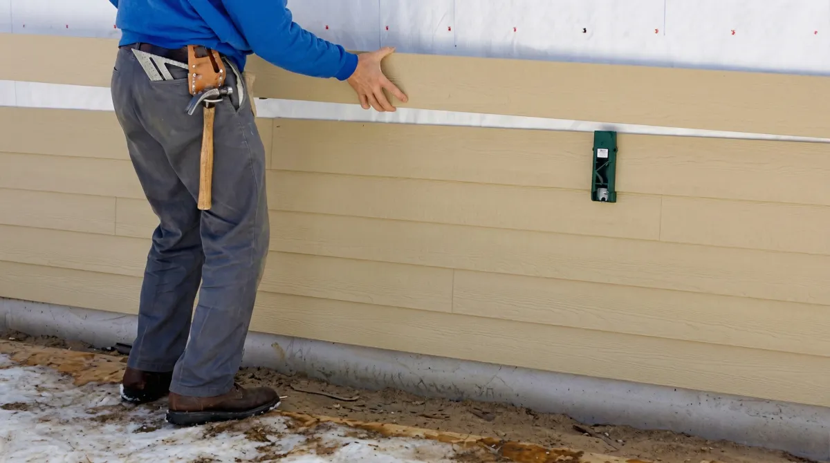 Siding replacement expert carefully aligning a new tan siding panel onto a residential exterior wall in West Palm Beach, FL