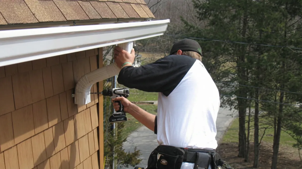 Professional contractor installing tan vinyl siding panels on a residential home exterior in West Palm Beach, FL