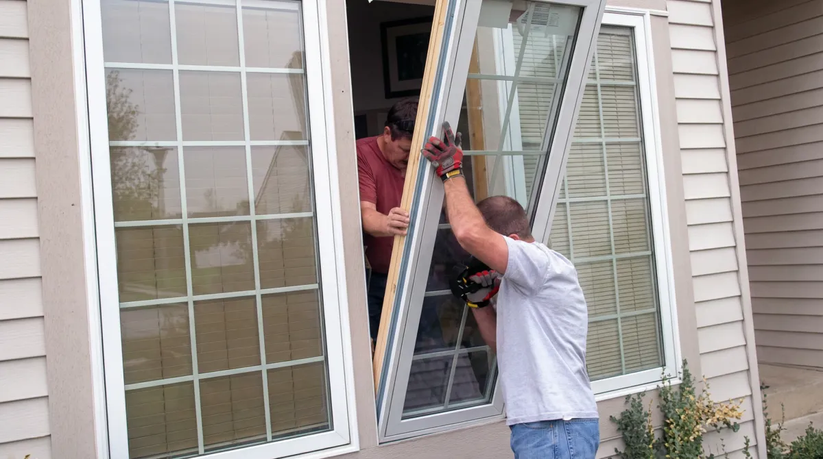 Professional home remodeling team installing a large replacement window on a house with tan siding in West Palm Beach, FL