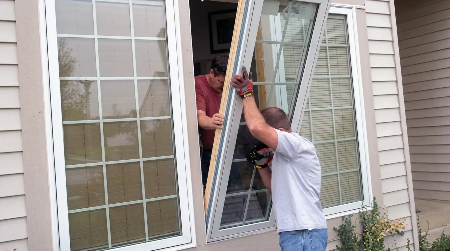 Professional home remodeling team installing a large replacement window on a house with tan siding in West Palm Beach, FL